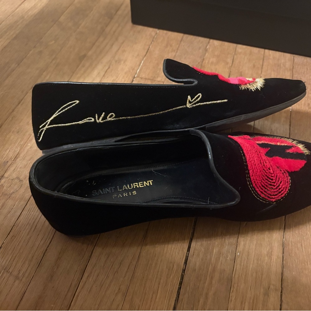 Saint Laurent Black and Red Embroidered Loafers - Picture 4 of 9